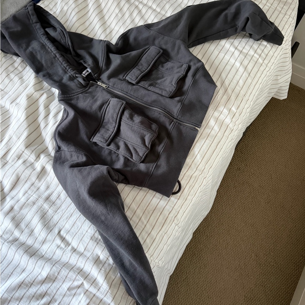 Charcoal Hooded Zip-Up Jacket with Front Flap Pockets
